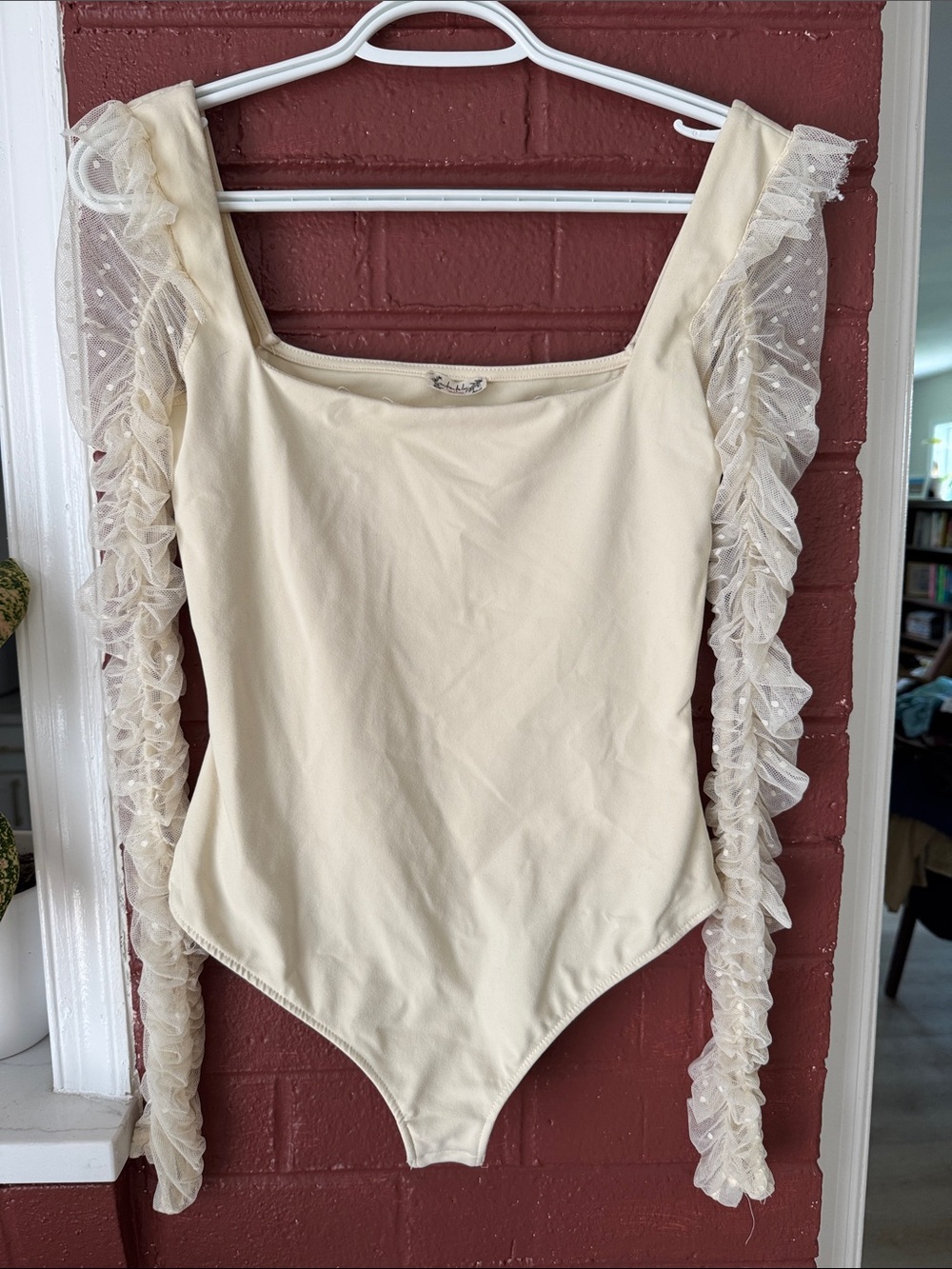 Free People Intimately Cream SquareNeck Bodysuit with Sheer Ruffle Sleeves Small
